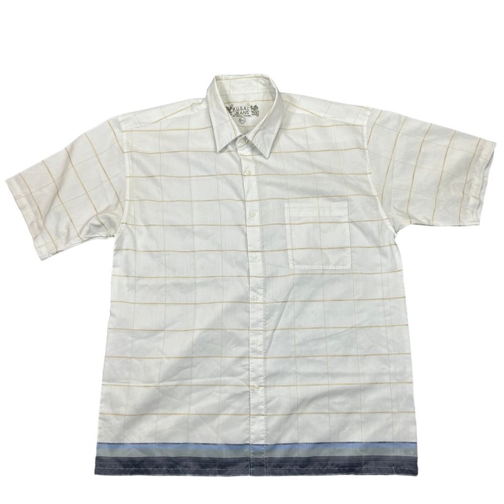 Fusai Jeans Shirt Mens Sz 2XL XXL White Blue Plaid Button Up Camp Casual